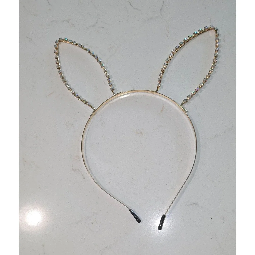 Gold Rhinestone Bunny Ear Headband Iridescent Crystal Party Accessory